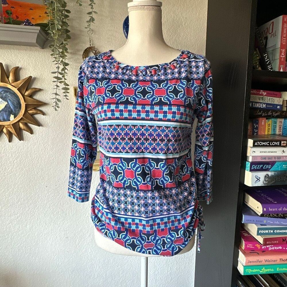Hearts of Palm Size Small Blue & White Womens 3/4 Sleeve Blouse
